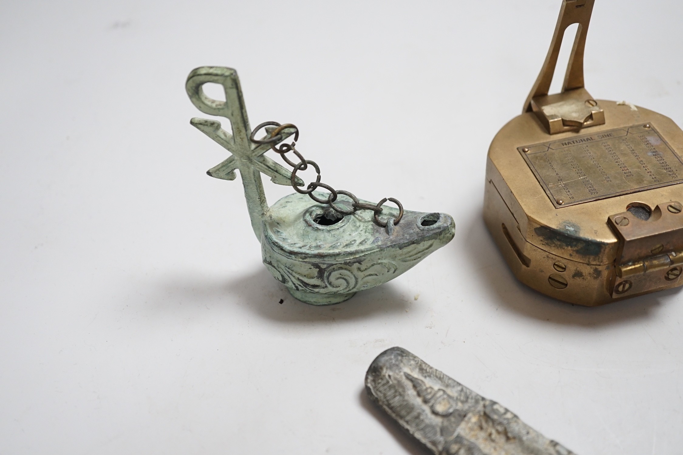 A set of cup weights, a modern level and compass and two other items (5)